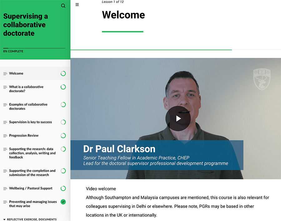 screenshot of the Supervising a collaborative doctorate Articulate Rise 360 course